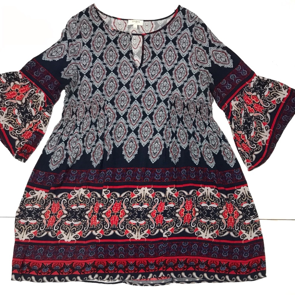 Umgee Boho Paisley Print Bell Sleeve Tunic Shirt L